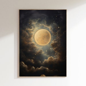 Enchanting Celestial Moon Art Print - Vintage-Inspired - Dark Academia & Dark Cottagecore - Night Sky Painting - Moon Art Print