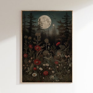 Mond um Mitternacht - Dunkler Cottagecore - Stimmungsvolle Vintage Kunst - Dunkler Wald Kunst - Botanische Malerei - Naturästhetik - Dark Academia Druck
