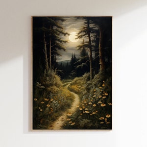 Forrest Night Walk Dark Cottagecore Prints Moody Vintage Art Dark Forest Art Botanical Painting Nature Aesthetic Dark Academia image 1