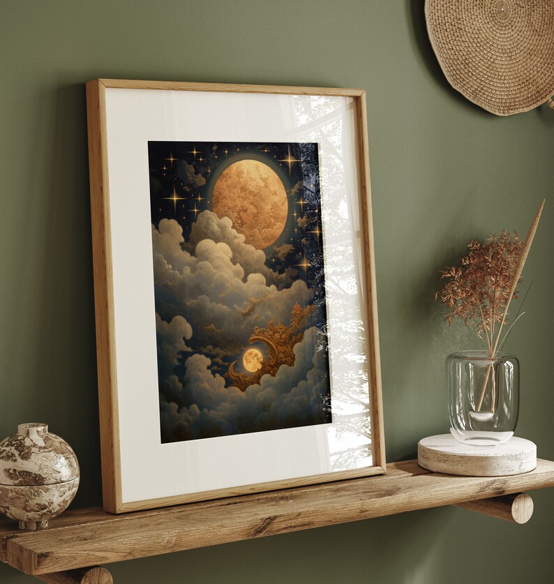 Enchanting Celestial Gold Moon Art Print - Vintage-inspired - Dark ...