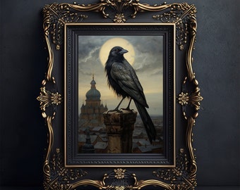 Crow Painting - Vintage Art Print - Gothic Art - Dark Cottagecore Artwork - Edgar Allan Poe - Witchy Room Decor -  Dark Academia Prints