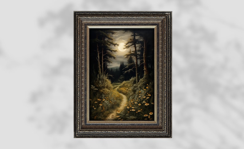 Forrest Night Walk Dark Cottagecore Prints Moody Vintage Art Dark Forest Art Botanical Painting Nature Aesthetic Dark Academia image 6