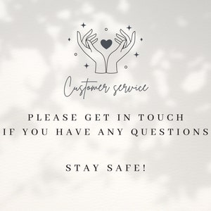 K&ouml;nnte beinhalten: Ein wei&szlig;er Hintergrund mit einer grauen Umrandung von zwei H&auml;nden, die ein Herz halten. Der Text "Customer service" ist unter den H&auml;nden geschrieben. Der Text "Please get in touch if you have any questions" ist unter dem Text "Customer service" geschrieben. Der Text "Stay safe!" ist unter dem Text "Please get in touch if you have any questions" geschrieben.