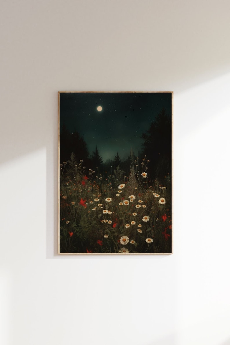 Moon and Flower Field - Dark Cottagecore - Moody Vintage Art - Dark ...