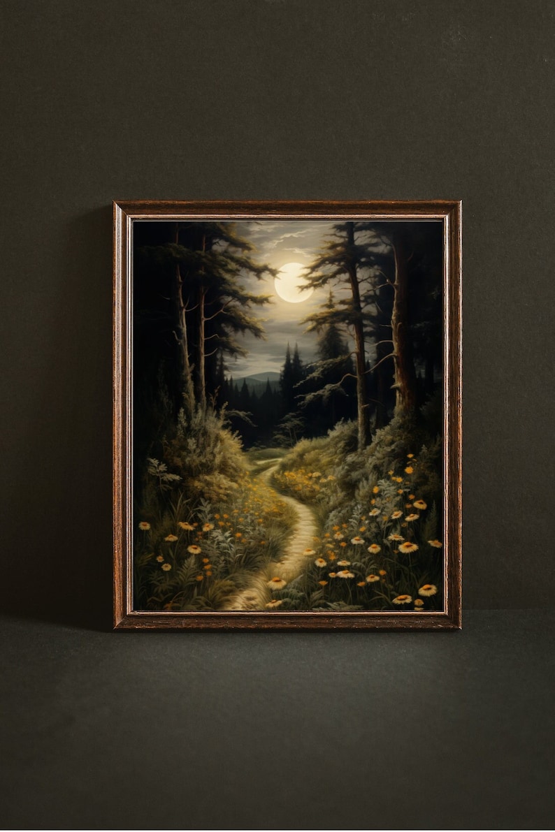 Forrest Night Walk Dark Cottagecore Prints Moody Vintage Art Dark Forest Art Botanical Painting Nature Aesthetic Dark Academia image 4