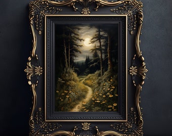 May include: A framed painting of a moonlit forest path with a full moon in the sky. The path is lined with trees and wildflowers. The frame is ornate and gold.