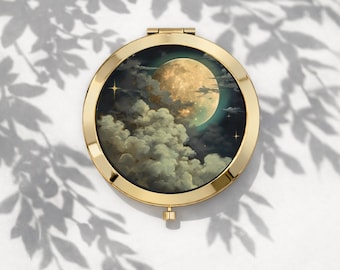 Celestial Moon Pocket Mirror, Vintage Style Gold Compact Mirror, Full Moon Cloud Art Hand Mirror