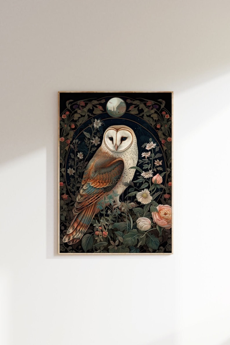 May include: A framed art print featuring a detailed illustration of a barn owl perched amidst a floral arrangement. The owl has white, brown, and orange feathers. The background is dark with floral and foliage elements, and a full moon.