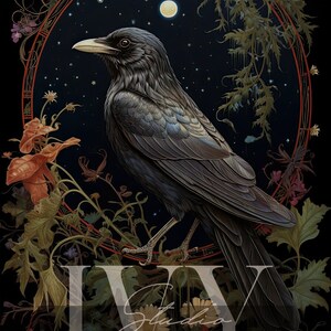 May include: A black crow perched on a branch with a moon and stars in the background. The crow is surrounded by lush green foliage and flowers. The image is framed by a circular border with a red and gold design.