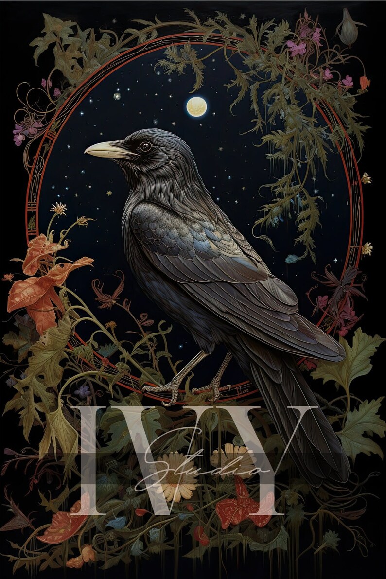 May include: A black crow perched on a branch with a moon and stars in the background. The crow is surrounded by lush green foliage and flowers. The image is framed by a circular border with a red and gold design.