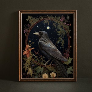 May include: A framed illustration of a black crow perched on a branch in a circle of foliage. The crow is facing left and has a dark blue-grey body with a long tail. The background is a dark blue-grey with a white moon and stars. The foliage is a mix of green, brown, and red.