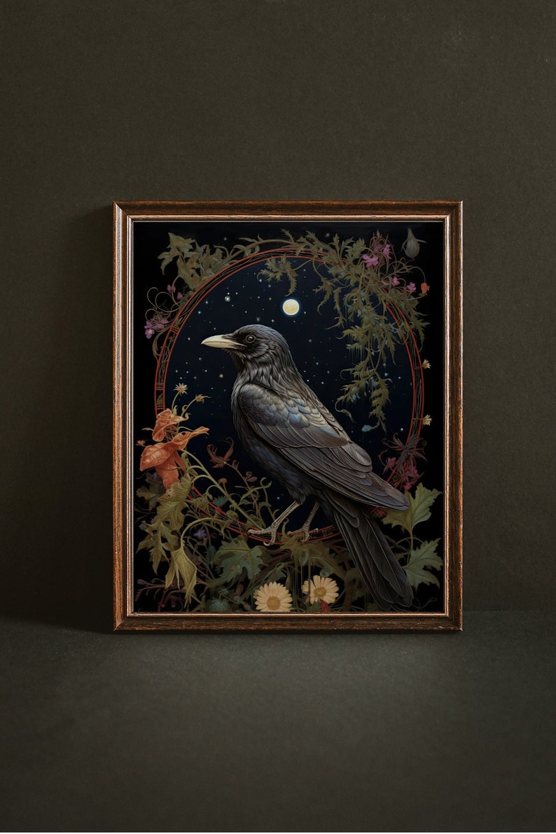 May include: A framed illustration of a black crow perched on a branch in a circle of foliage. The crow is facing left and has a dark blue-grey body with a long tail. The background is a dark blue-grey with a white moon and stars. The foliage is a mix of green, brown, and red.