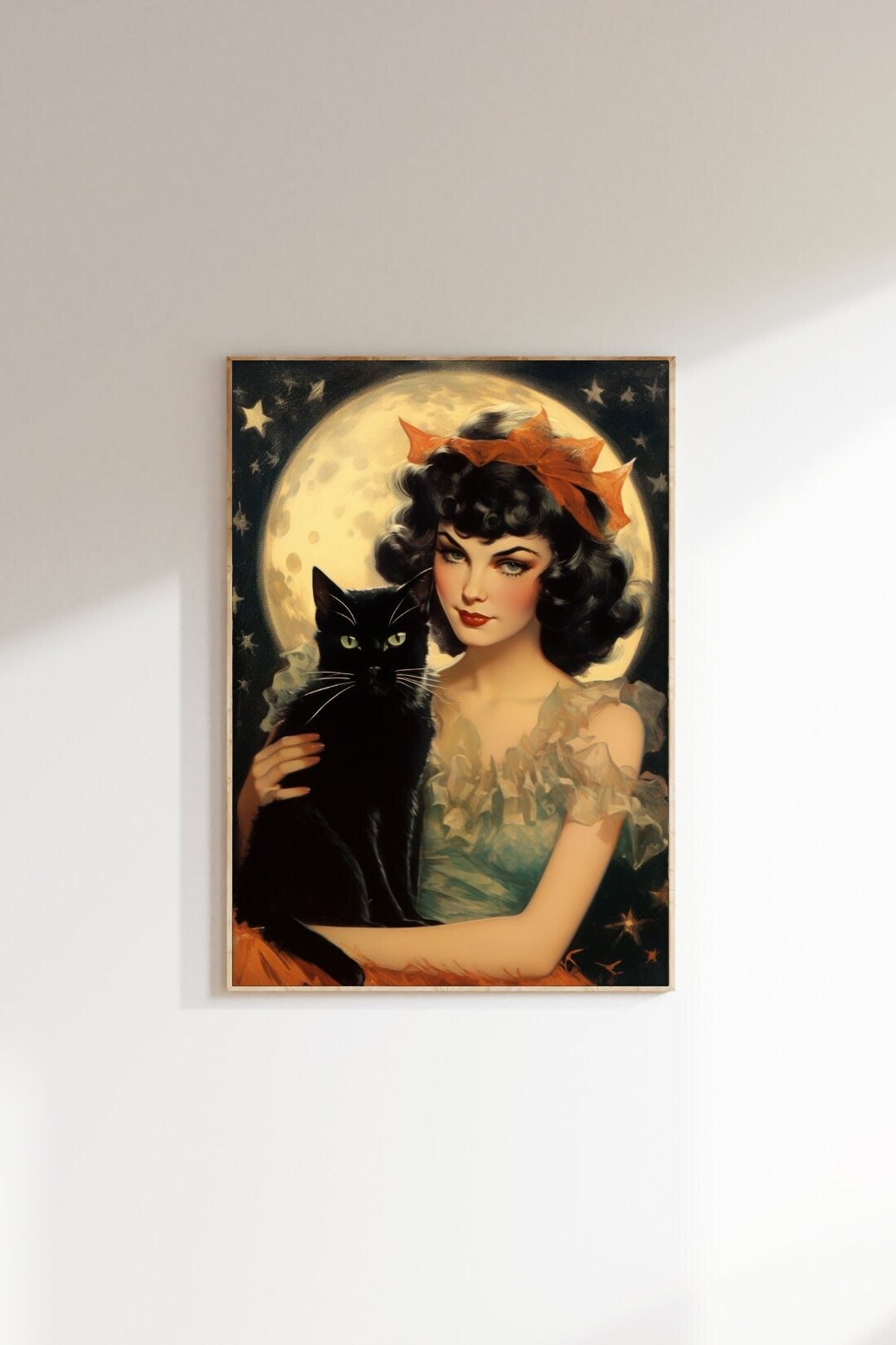 Halloween Wall Art - Girl With Black Cat - Vintage Halloween Art ...