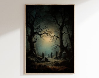 Cemetery at Midnight  - Dark Cottagecore - Moody Vintage Art - Dark Forest Art - Witch Decor - Nature Aesthetic - Dark Academia Print