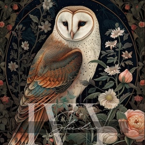 May include: An artistic illustration of a barn owl with a white face and brown and orange wings, surrounded by flowers and foliage. The owl has blue eyes and is set against a dark background with a circular design.
