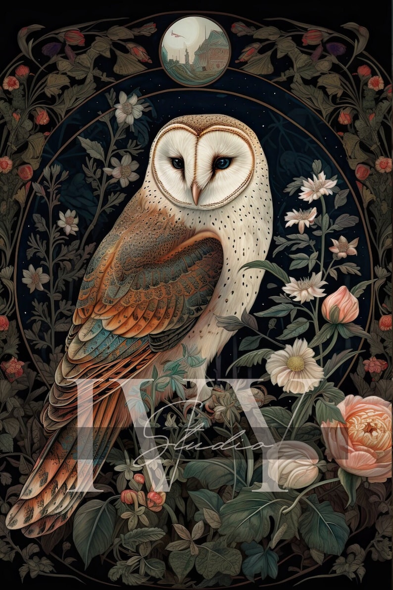 May include: An artistic illustration of a barn owl with a white face and brown and orange wings, surrounded by flowers and foliage. The owl has blue eyes and is set against a dark background with a circular design.
