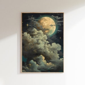 Enchanting Celestial Moon Art Print - Vintage-Inspired - Dark Academia & Dark Cottagecore - Night Sky Painting - Digital Download