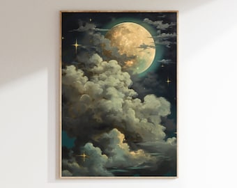 Enchanting Celestial Moon Art Print - Vintage-Inspired - Dark Academia & Dark Cottagecore - Night Sky Painting - Digital Download