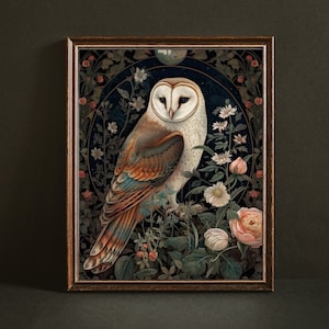 May include: Framed art print featuring a detailed illustration of a barn owl. The owl has white, brown, and orange feathers, perched amidst flowers and foliage. The artwork is set against a dark background with a wooden frame.