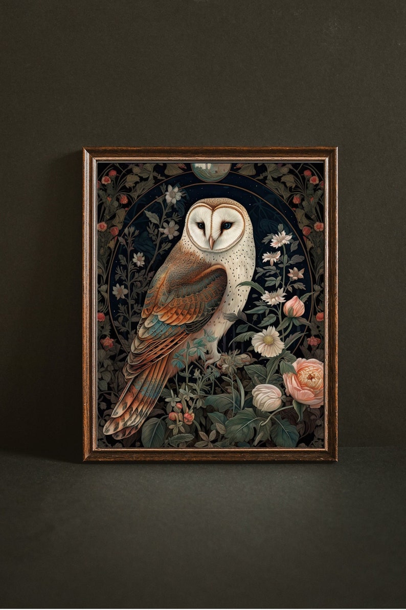 May include: Framed art print featuring a detailed illustration of a barn owl. The owl has white, brown, and orange feathers, perched amidst flowers and foliage. The artwork is set against a dark background with a wooden frame.