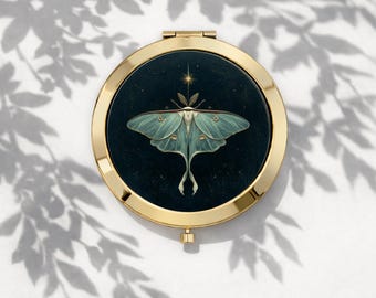 Celestial Moth Pocket Mirror, Vintage Inspired Compact Mirror, Gold Round Hand Mirror, Ethereal Nature Art Accessory