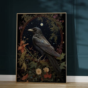 May include: A framed illustration of a black crow perched on a branch with a full moon and stars in the background. The crow is surrounded by a wreath of flowers and leaves.