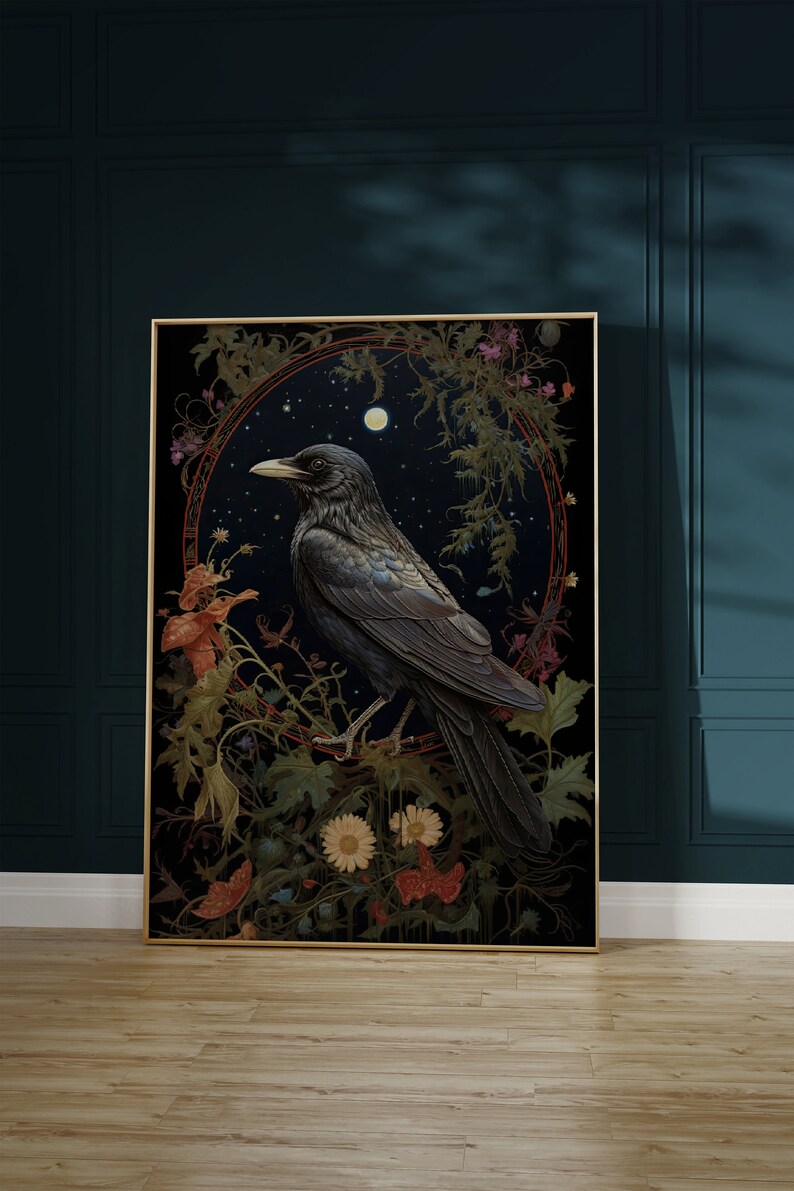 May include: A framed illustration of a black crow perched on a branch with a full moon and stars in the background. The crow is surrounded by a wreath of flowers and leaves.
