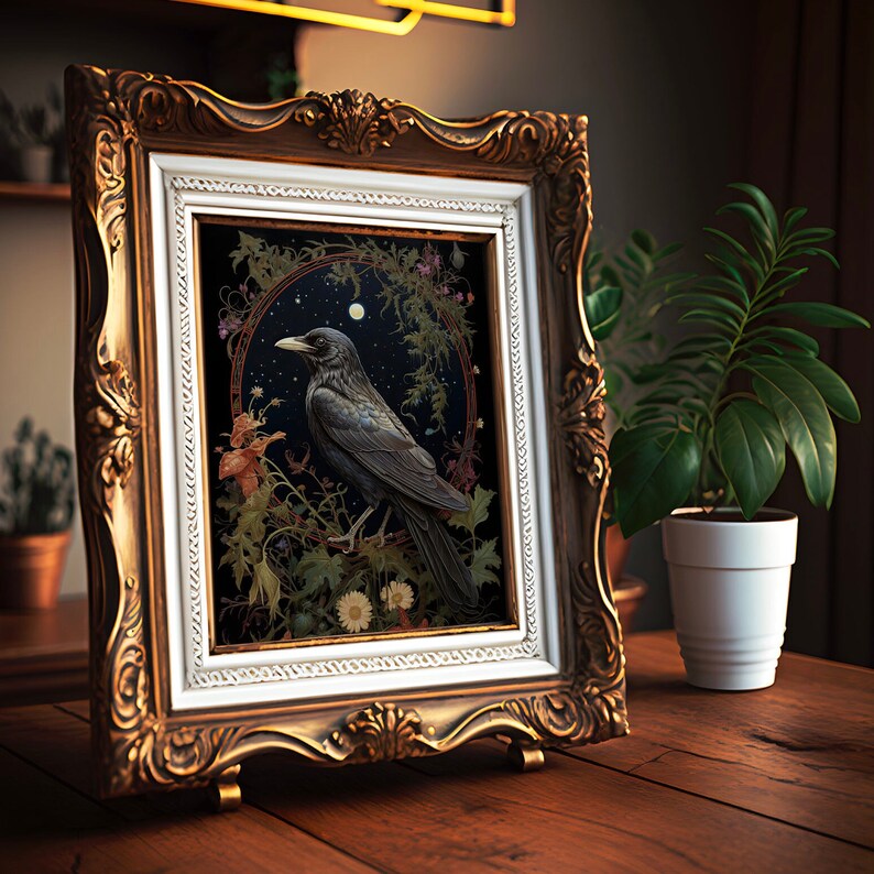 May include: A framed illustration of a black crow perched on a branch with a moon and stars in the background. The crow is surrounded by green leaves and flowers. The frame is gold with a white mat.