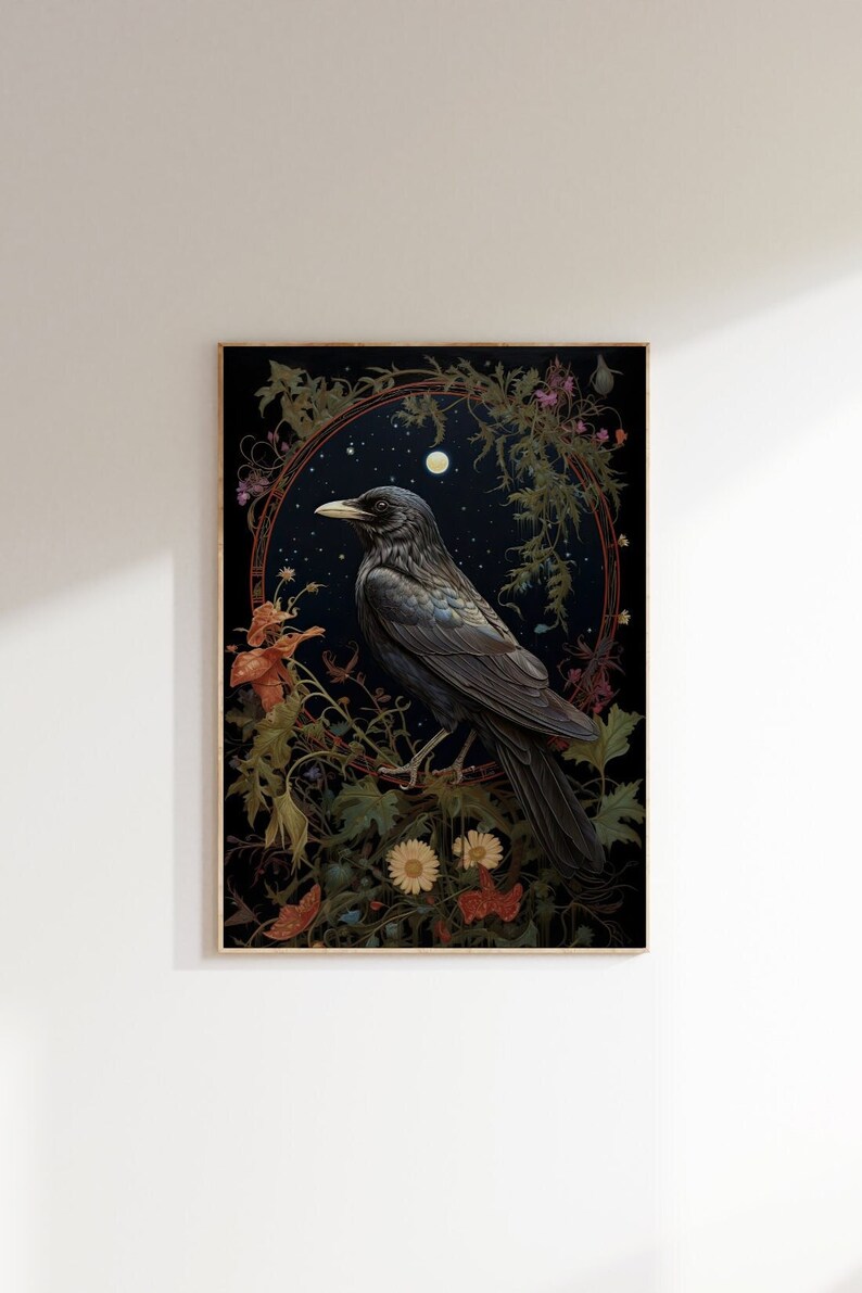May include: A black crow perched on a branch in a dark forest setting. The crow is surrounded by flowers and foliage, and the moon is visible in the night sky.