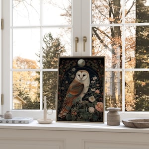 May include: Framed art print featuring a detailed illustration of a barn owl with brown, white, and orange feathers, perched amidst floral elements. The artwork has a dark background with a moon and is displayed on a windowsill.