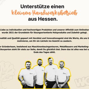K&ouml;nnte beinhalten: Bild mit deutschem Text: "Unterst&uuml;tze einen kleinen Handwerksbetrieb aus Hessen." Vier M&auml;nner in wei&szlig;en Hemden stehen zusammen. Der Text beschreibt die Werte des Unternehmens und die Gr&uuml;ndung im Jahr 2021.