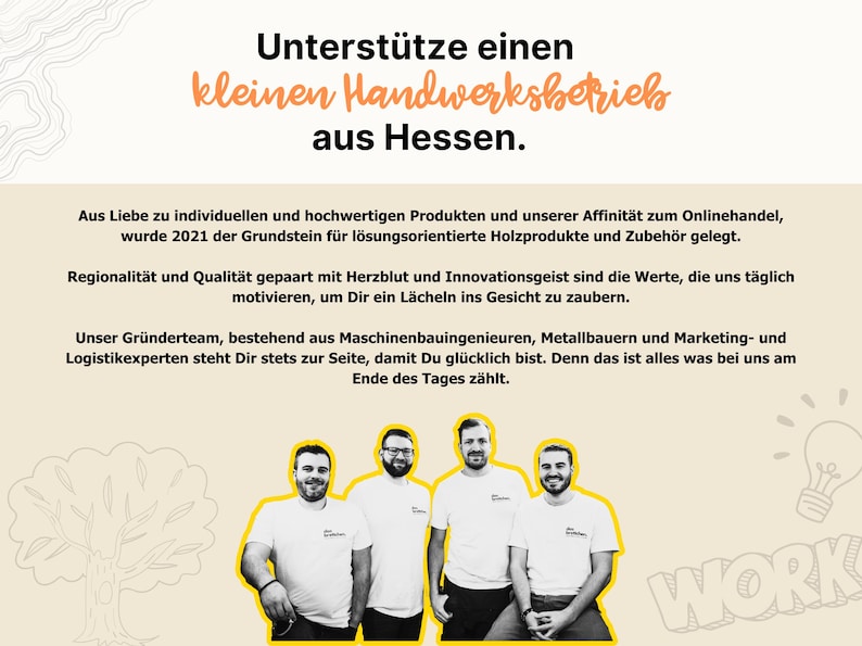 K&ouml;nnte beinhalten: Bild mit deutschem Text: "Unterst&uuml;tze einen kleinen Handwerksbetrieb aus Hessen." Vier M&auml;nner in wei&szlig;en Hemden stehen zusammen. Der Text beschreibt die Werte des Unternehmens und die Gr&uuml;ndung im Jahr 2021.