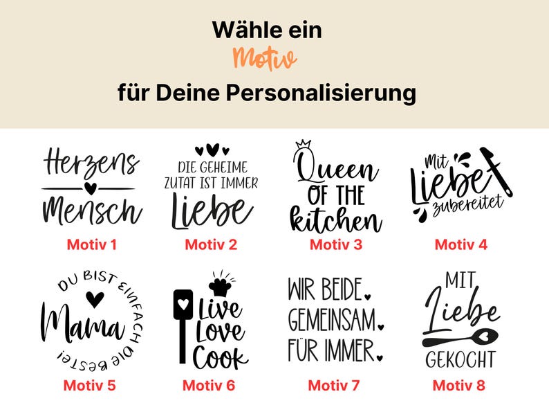 K&ouml;nnte beinhalten: Bild mit acht Designoptionen mit deutschem Text. Die Designs enthalten S&auml;tze wie "Queen of the Kitchen" und "Live Love Cook". Der Text ist schwarz, vor einem hellbeigen Hintergrund.