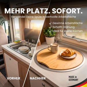 Spülabdeckung mit Schneidebrettfunktion für Wohnmobile, Wohnwagen | Schneidebrett Camping | Spülenabdeckung Camping mit eigener Gravur - Benefit