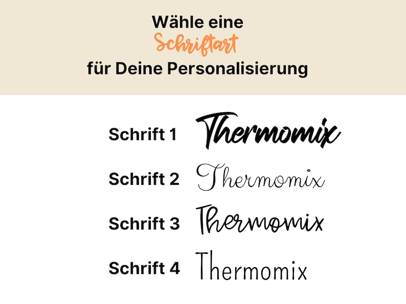 K&ouml;nnte beinhalten: Das Bild zeigt vier Schriftarten f&uuml;r das Wort "Thermomix". Der Text "W&auml;hle eine Schriftart f&uuml;r Deine Personalisierung" steht oben. Jede Schriftart ist mit "Schrift 1" bis "Schrift 4" beschriftet.