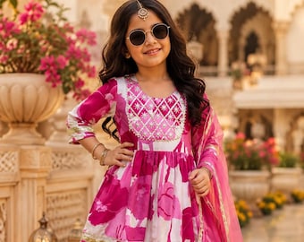 Girls Ethnic Kurti Sharara Set with Dupatta | Soft Cotton Rayon Sharara Suit | Indian Festival Outfit | Wedding Dress | Girls Ethnic Wear