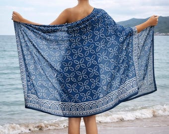 Hand Block Printed Cotton Sarong | Lightweight Beach Wrap Skirt | Boho Pareo Cover Up | Indian Block Print Resort Wear for Women | Body wrap