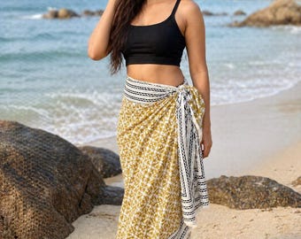Hand Block Printed Cotton Sarong | Lightweight Beach Wrap Skirt | Boho Pareo Cover Up | Indian Block Print Resort Wear for Women | Body wrap