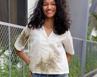 Ecoprint Organic Cotton Top: Handmade Plant-Dyed Shirt Summer Dress, Natural dye, Handmade, Women's Clothing