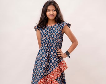 Stylish & Sustainable Indian Cotton Dress, Handblock Design, Unique High Low Frill Accent, Perfect for Ethereal Aesthetic