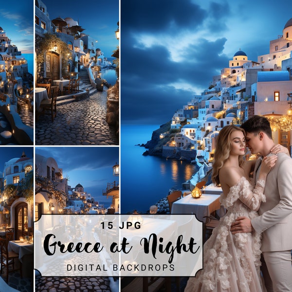 Greece at Night Digital Background Santorini Photography Digital Backdrop Oia Greek Photoshop Overlay Backdrop for Wedding and Portrait