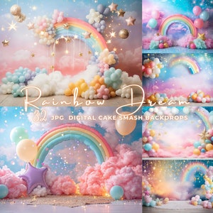 32 Rainbow Dream Cake Smash Photography Backdrop Balloons Cake Smash Backdrop Rainbow for Baby Birthday Photography Smash Cake Background