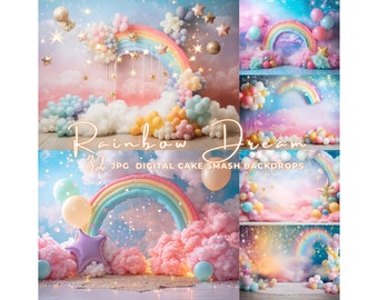May include: A set of 32 digital cake smash backdrops featuring a rainbow, clouds, and balloons in pastel colours. The backdrops are perfect for a baby's first birthday party.