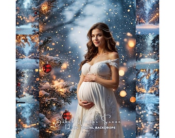 Winter Digital Backdrop – Christmas Bokeh Photography Background, Snowy Forest Holiday Overlay, Photoshop Composite Editing