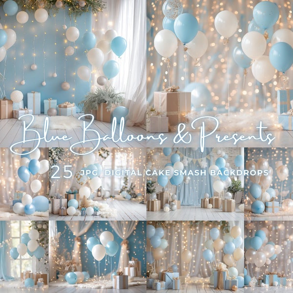 25 Baby Blue Balloons Digital Photography Backdrop Balloons Baby Birthday Cake Smash Studio Background Pastel Blue Presents Digital Backdrop