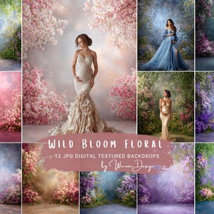 Op de afbeelding: Een verzameling van 12 digitale, getextureerde achtergronden met een bloemen- en natuurthema. De achtergronden tonen verschillende scènes met bloeiende bloemen, weelderig groen en zachte belichting. De tekst "Wild Bloom Floral" is zichtbaar.
