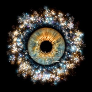 May include: A detailed image of a human eye with a light blue and amber iris, surrounded by a sparkling wreath of snowflakes and stars. The text "Eye Iris Overlay" is visible. The image is set against a black background.