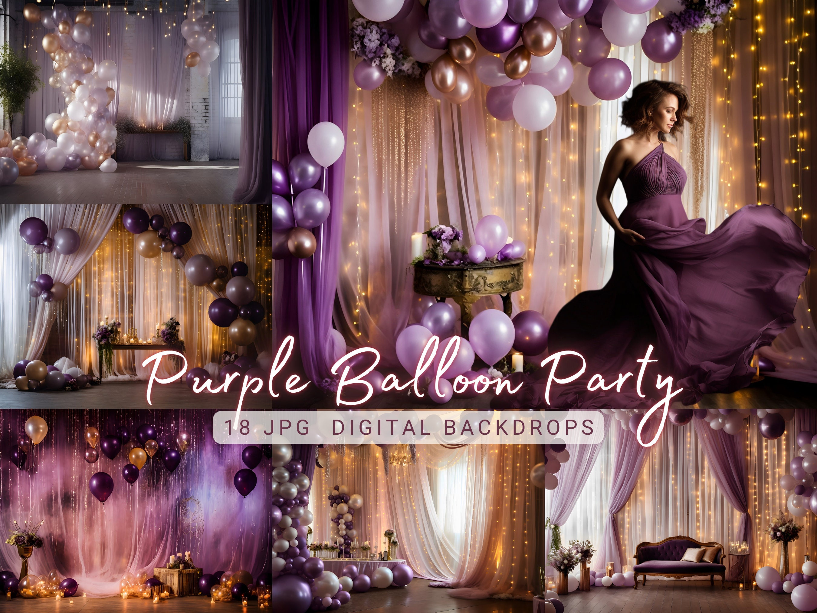 Decoración de cumpleaños morada con fondo y guirnalda de globos de 4  tamaños, pancarta de cumpleaños, cortinas moradas, borla, globos de corona