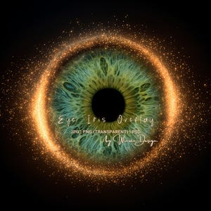 Könnte beinhalten: Nahaufnahme eines menschlichen Augeniris-Overlays, mit einer detaillierten grün-gelben Iris und einer schwarzen Pupille. Das Auge ist von einem leuchtenden goldenen Lichtring und Glitzer umgeben. Text: "Eye Iris Overlay" und "by Winwin Design."