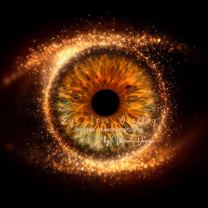 Puede incluir: Un overlay digital de ojo con un iris detallado en tonos naranja y verde, rodeado por un efecto de luz dorada brillante. El texto "Eye Iris Overlay" es visible.